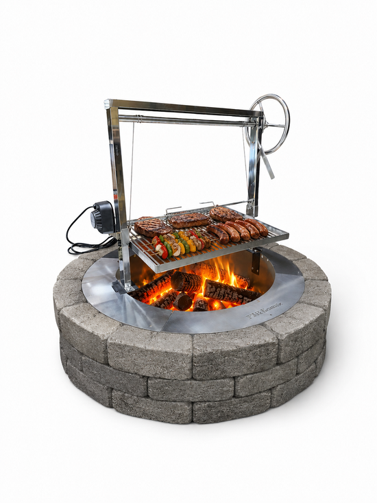 Smokeless Fire Pit Insert with bolt on Santa Maria Grill and Rotisserie Kit